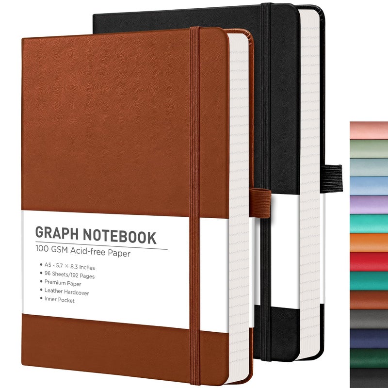 RETTACY Graph Grid Paper Notebook, 2-Pack, 192 Pages per Pack, A5 Medium Size (5.7'' x 8.3''), Leather Hardcover, 100 GSM Thick Paper, for School, Students, Math, Engineering (Black & Brown) - Image 1